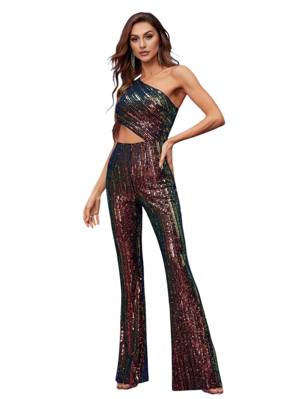 Faeriesty Sparkly One Shoulder Cut Out Waist Sequin Flare Leg Jumpsuit Size M
